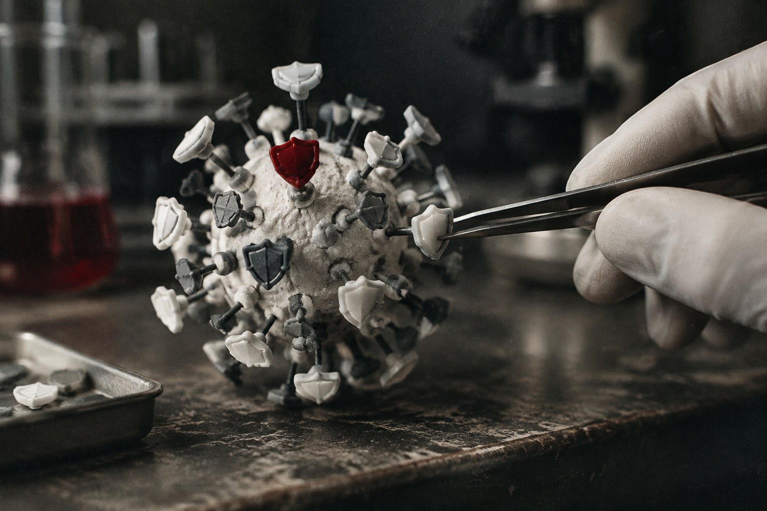 Macro shot of a spiked molecular sphere model studded with shield-like plates, gloved hand rotating it with tweezers