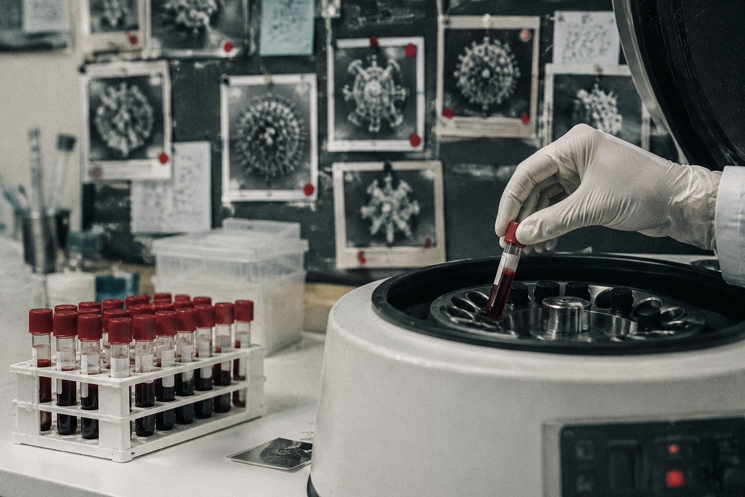 Serology bench: gloved hand loading a serum vial into a centrifuge, rack of samples in front, board of virus-surface cards behind